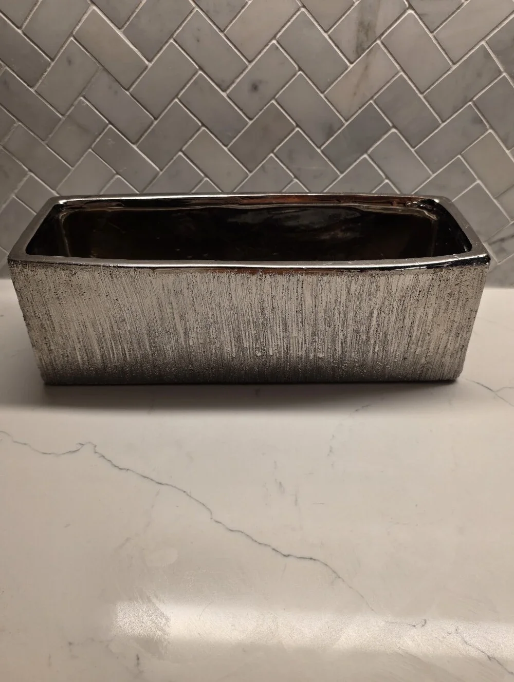 Modern Metallic Silver Ceramic Trough Planter – Textured Rectangular Centerpiece